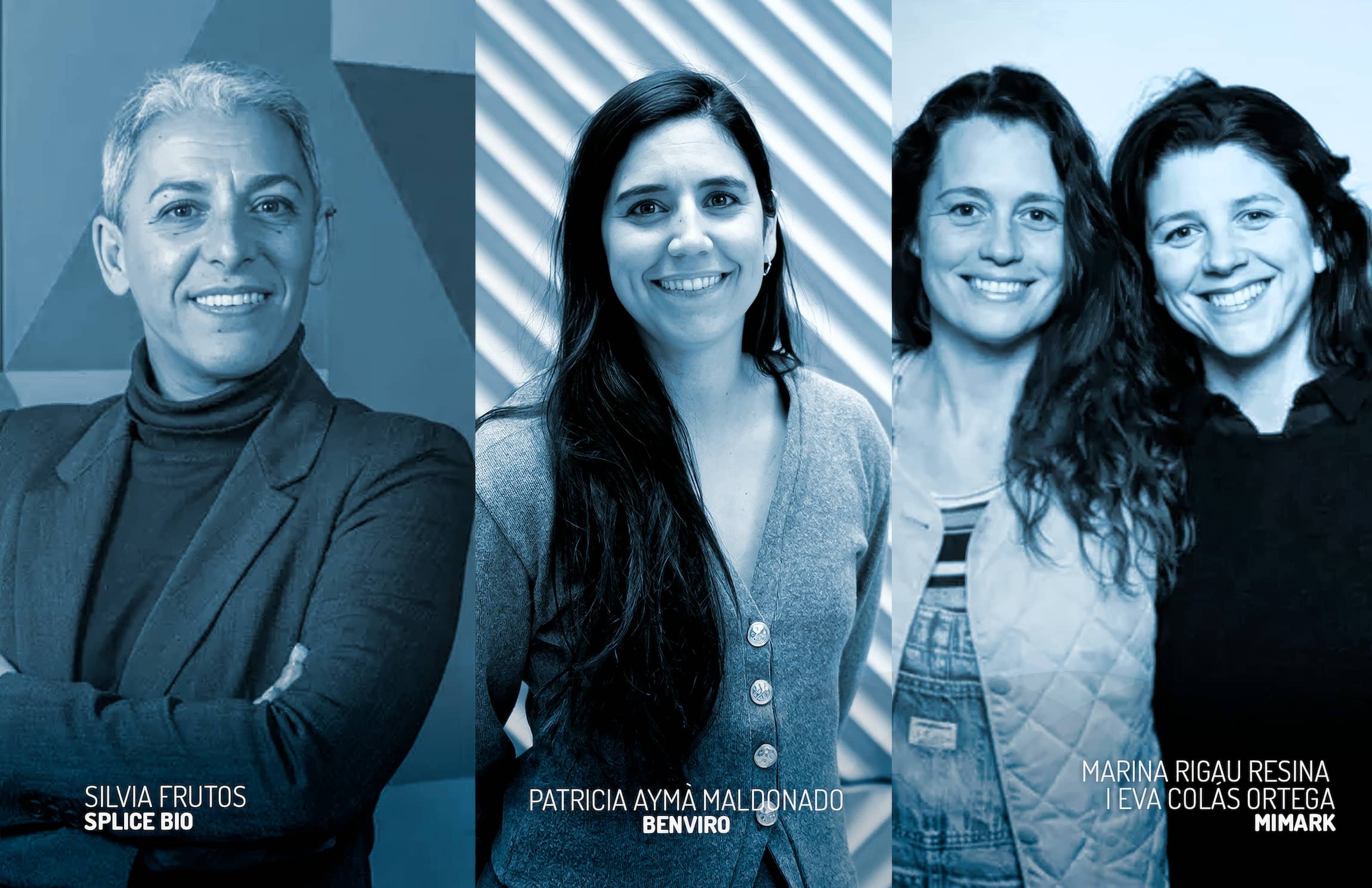 Gemini ha dit Aquesta imatge és una composició de tres fotografies en tons blaus que mostren quatre emprenedores premiades. De dalt a baix i d'esquerra a dreta, els detalls són els següents: Esquerra: Retrat de Silvia Frutos, de l'empresa Splice Bio. Apareix somrient, amb els braços creuats i vestint una jaqueta sobre un jersei de coll alt. Centre: Retrat de Patricia Aymà Maldonado, de l'empresa Benviro. Es mostra d'enfront, amb el cabell llarg fosc i una jaqueta de punt amb botons clars. Dreta: Retrat conjunt de Marina Rigau Resina i Eva Colás Ortega, de l'empresa MiMark. Ambdues apareixen somrients i abraçades en un pla mitjà.